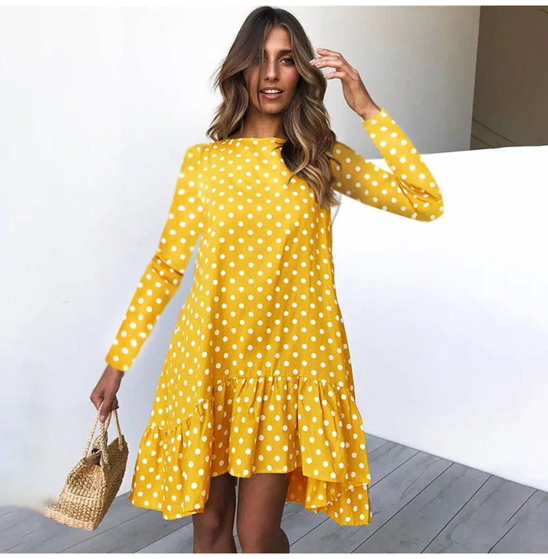 

Dress Fashion Print Polka Dot Ruffled Long Sleeve Women's Dress Loose black dress woman dress