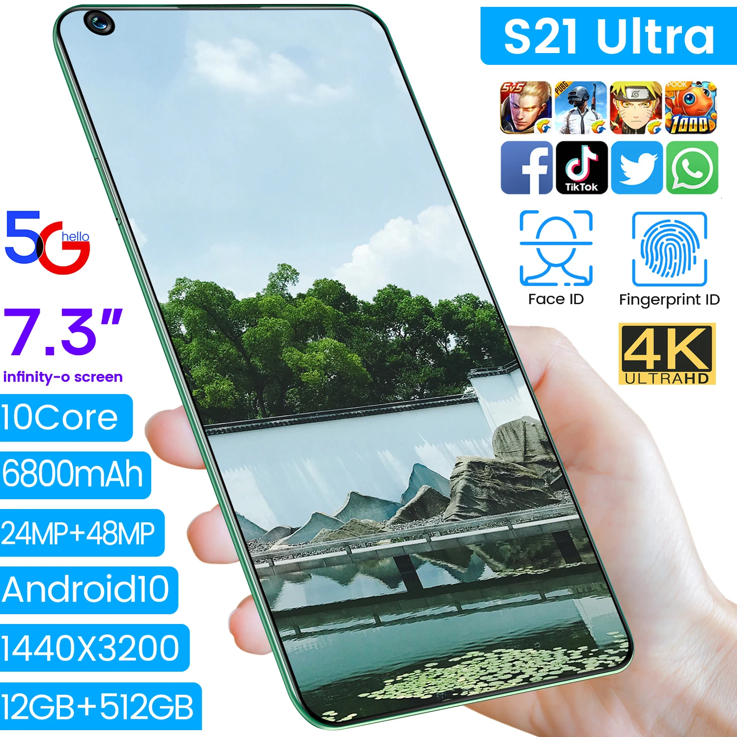 

Newest 5G Android10.0 S21Ultra 6800mAh Global Version 7.3 '' 12GB 512GB Mobile Phone Waterdrop HD Screen Cellphone Smartphone