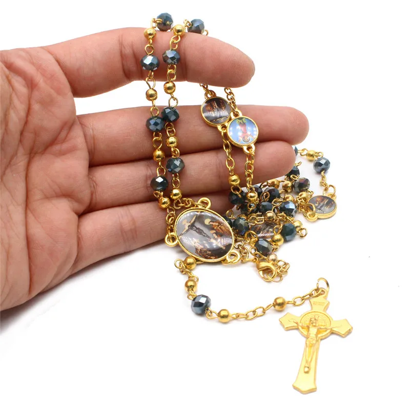 

Fashion Religion Glass Bead Chain Virgin Mary Rosary Cross Necklace Women String Beaded Choker Wedding Party Jewelry