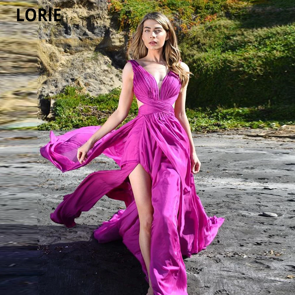 

LORIE Fuchisa Sexy Deep V-neck Long Women Evening Dresses High Side Slit Dubia Arabic Formal Party Prom Gowns Robes De Soirée