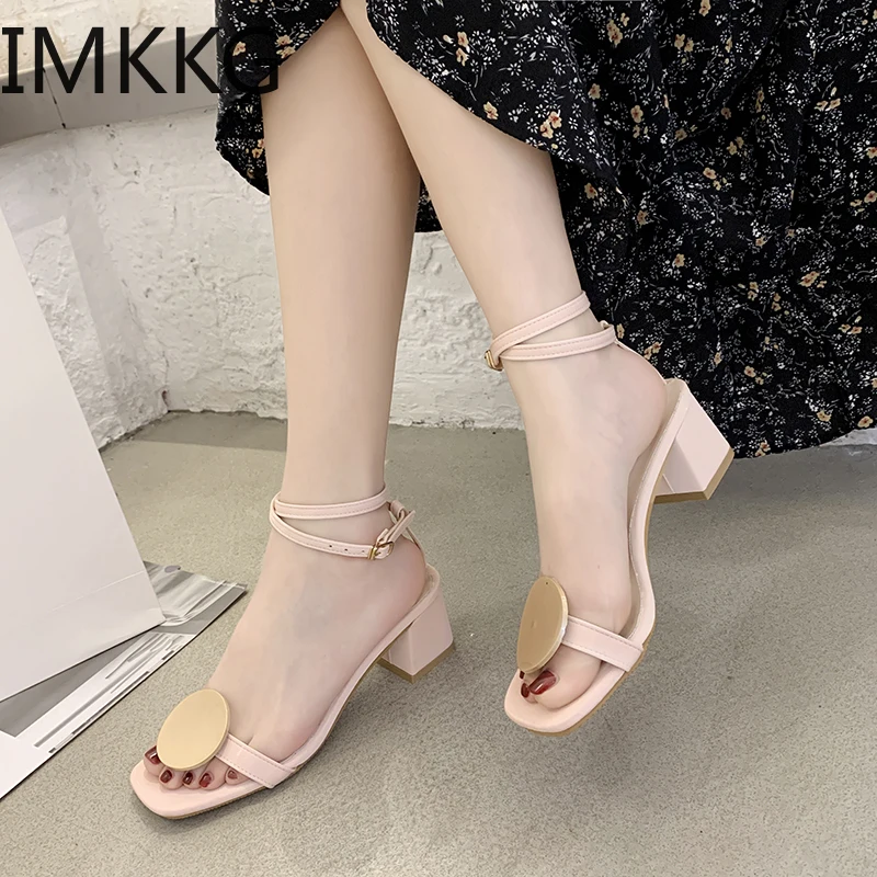2020 square Heels Women Sandals Summer Shoes Open Toe High metal decoration sandals solid sandals|Боссоножки и сандалии| |
