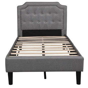 Scalloped Linen Upholstered Platform Bed, Twin Size, Gray