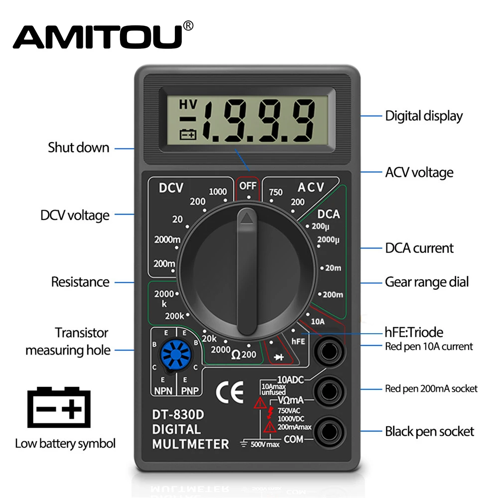 AMITOU DT830B Digital Multimeter AC/DC LCD Mini Voltmeter Ammeter Ohm Tester 750/1000V High Safety Handheld Meter With Probe | Инструменты