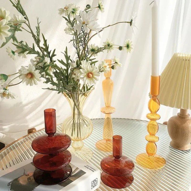 Ins Style Candlestick Nordic French Retro Transparent Glass Candlestick Ornament Household Creative Ornament Flower Arrangement