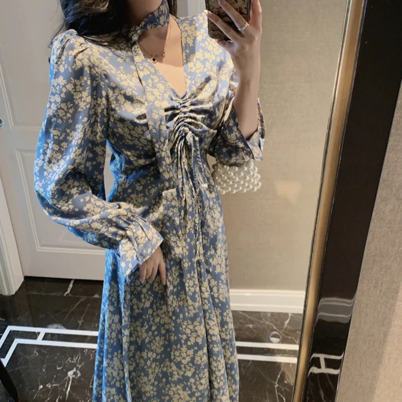 

Chiffon Drawstring Long Sleeve Slim Waist Midi Dress Printed Sweet Midi Casual Sexy Boho Dress 2021 Spring Kleider Dame