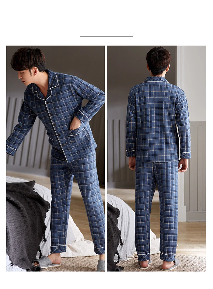 Men Pyjama Set 100% Cotton Spring Long Sleeve Print Men Pajama Suit Autumn Nightwear Collar Pijama Male Sleepwear Two Piece XXXL mens short pjs