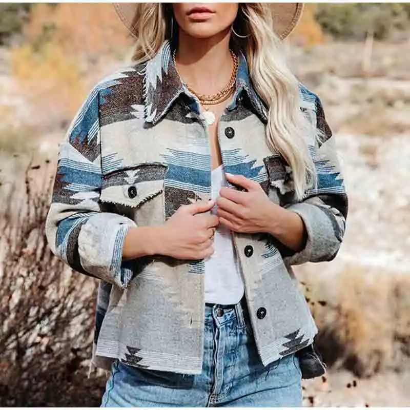 

Женская Осенняя куртка с принтом, короткие женские пальто с длинным рукавом, куртка с отложным воротником и карманами, на пуговицах, свободн...