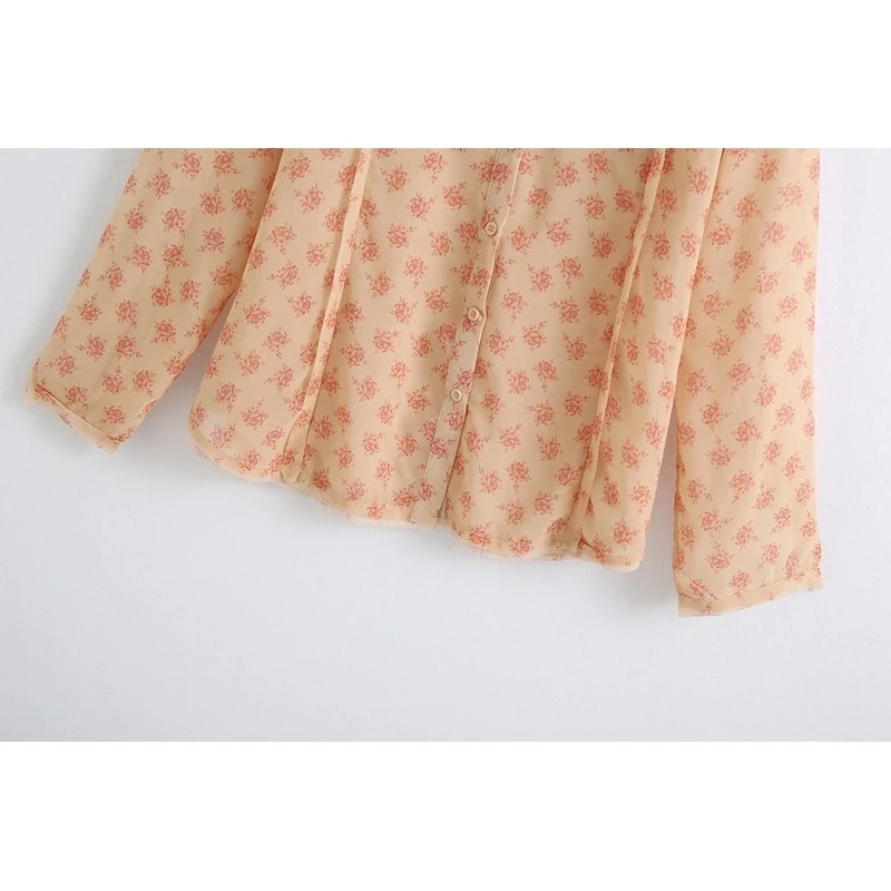 

YOSIBCD Women 2021 Fashion Semi-sheer Print Chiffon Blouses Vintage Long Sleeve Button-up Female Shirts Chic Tops