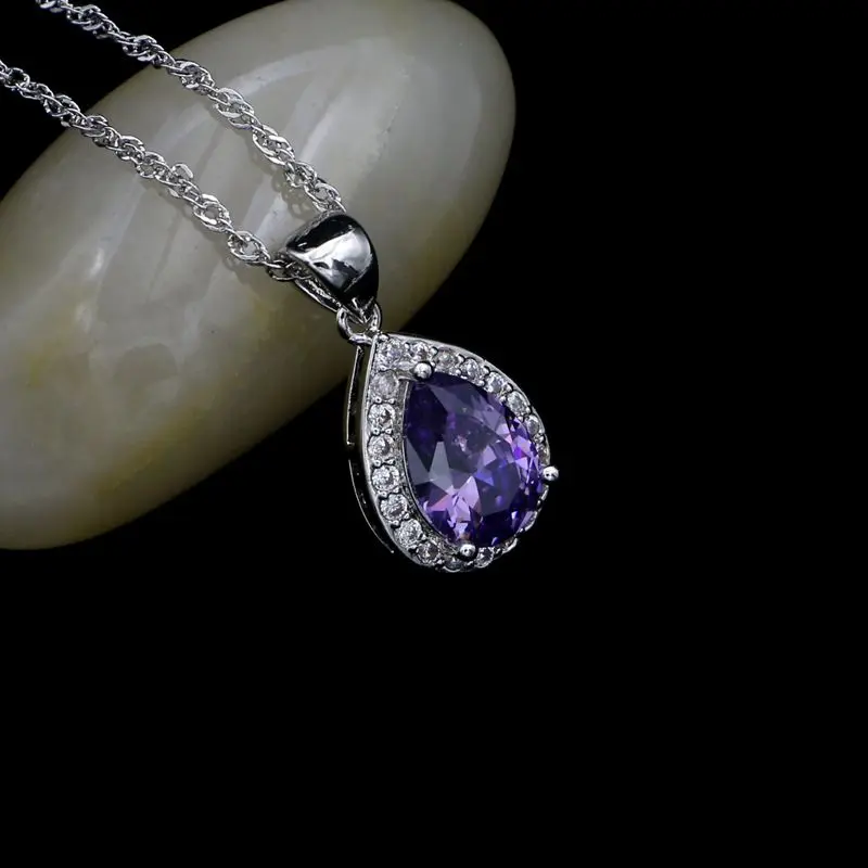 Набор ювелирных изделий из серебра 925 пробы с фиолетовым и белым кристаллами в форме капли на длинных серьгах/подвеске/ожерелье/браслете/кольце для женщин