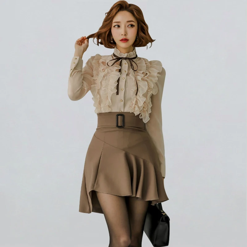 

Elegant Spring Summer 2 Piece Set Women Office Lady Work Wear Ruffles Lace-up Blouse Tops + Ruffles High Waist Skirt Casual Sets