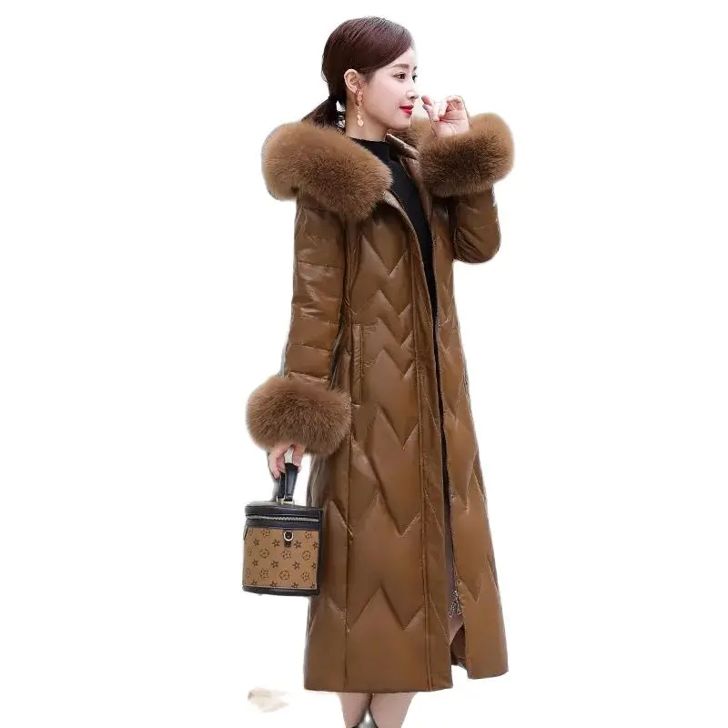 2021 PU Leather Down Jacket Women Over The Knee Plus Size Slim Haining Sheep Skin Fox Fur Collar Leather Jacket Women Hooded enlarge