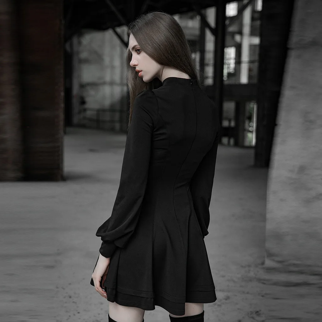 Готическое повседневное эластичное трикотажное тонкое платье с поясом