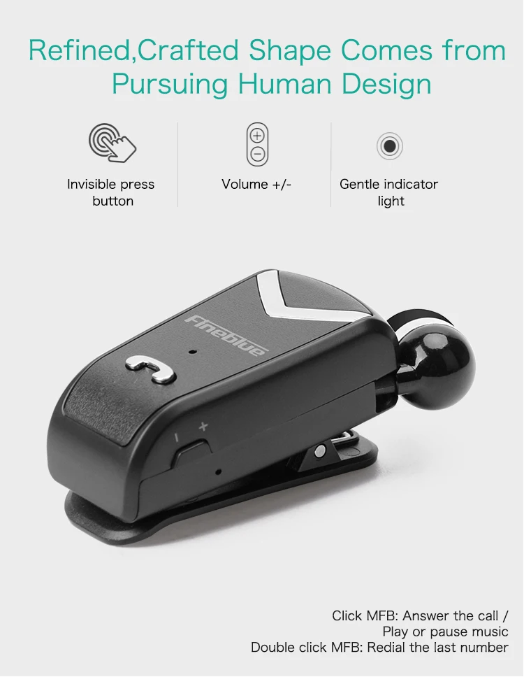 FINEBLUE F-V2 беспроводные наушники Bluetooth Handsfree наушники гарнитура звонки напоминают о цифрах носить пульт на прищепке для телефона с микрофоном