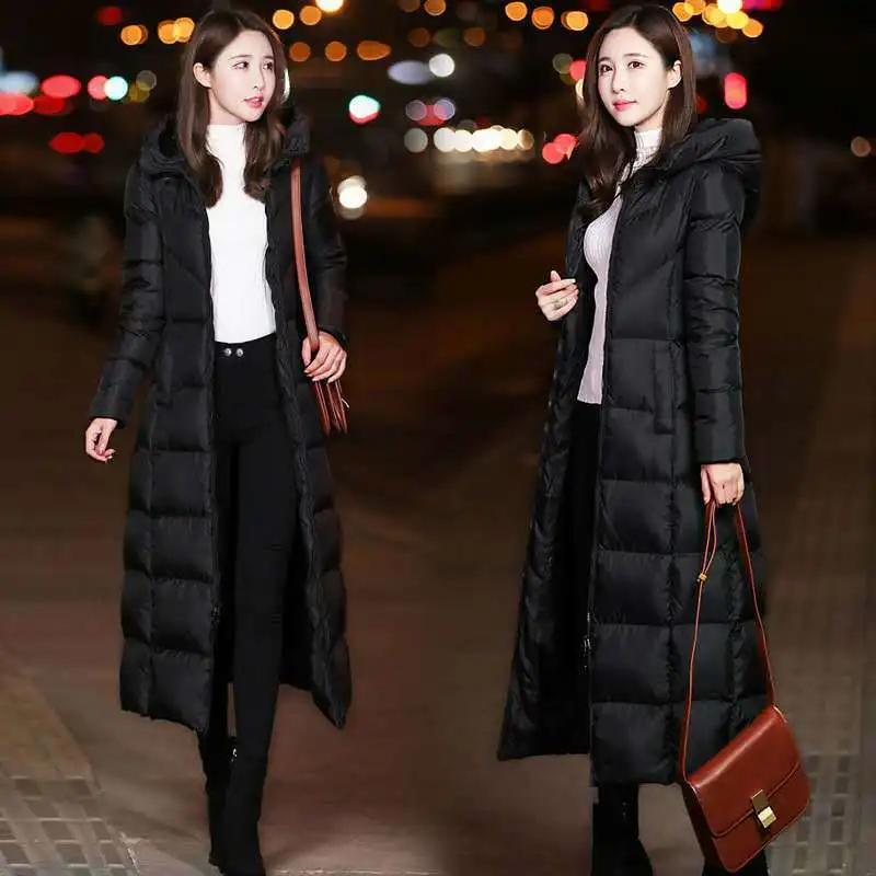 2021 Winter Long Over-the-knee Down Padded Jacket Quilted Red Black Korean Style Hooded Thick Slim Parkas Office Lady Warm Coat