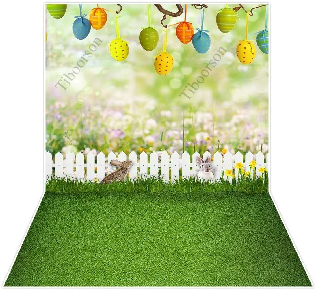 

Spring Easter Floral Bokeh Backdrop Pictures Colorful Eggs Fence Grass Sunshine Wall Decor Photography Background Grassland Prop