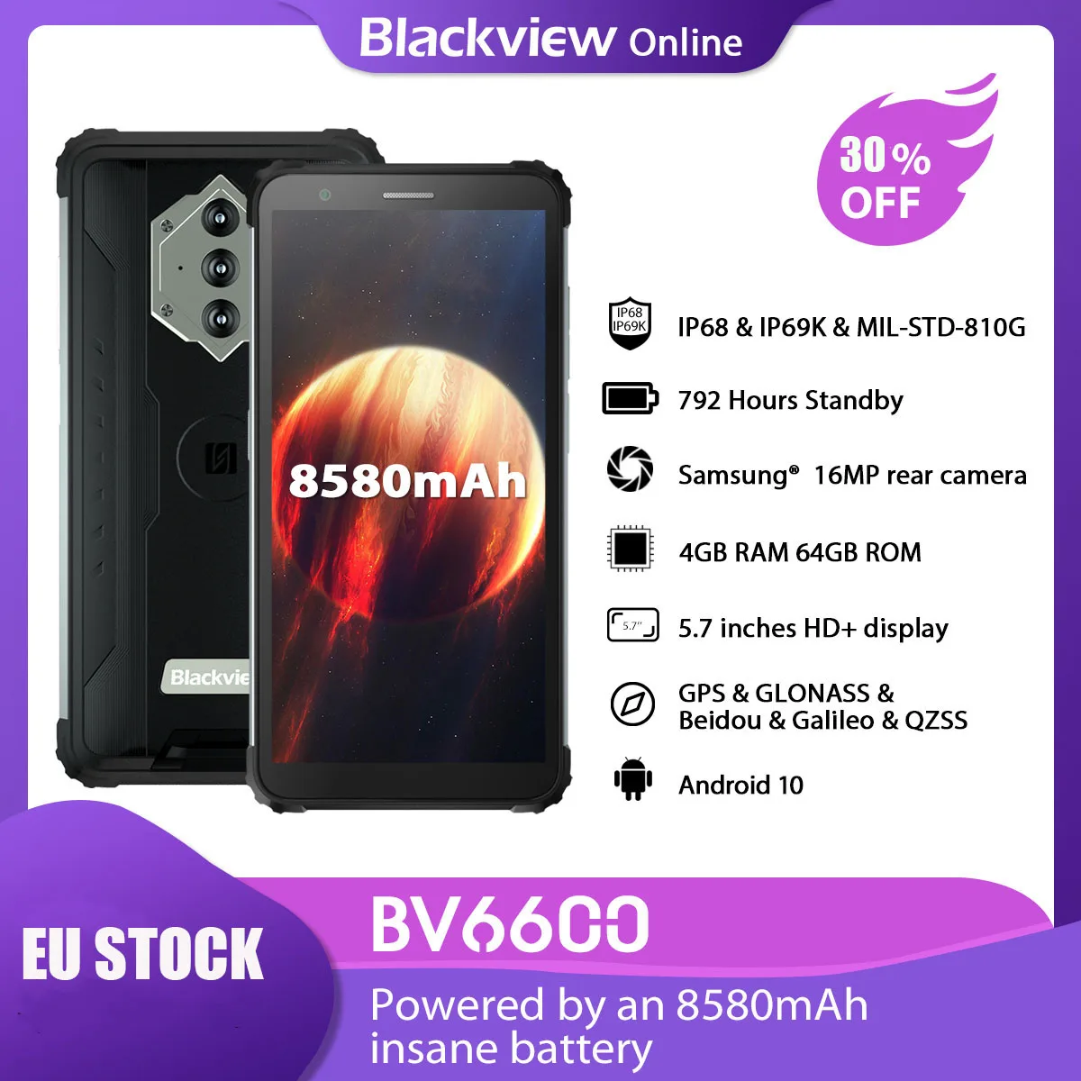 Blackview BV6600 IP68 Водонепроницаемый смартфон 4 Гб + 64 8580 мАч прочный NFC мобильный