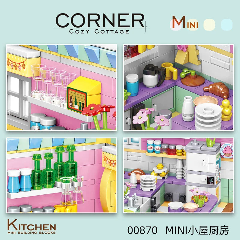 

2021 Mini 595Pcs Kitchen Living Room Corner Creative Street View Model Decoration Assembling Building Blocks Toys For Gift