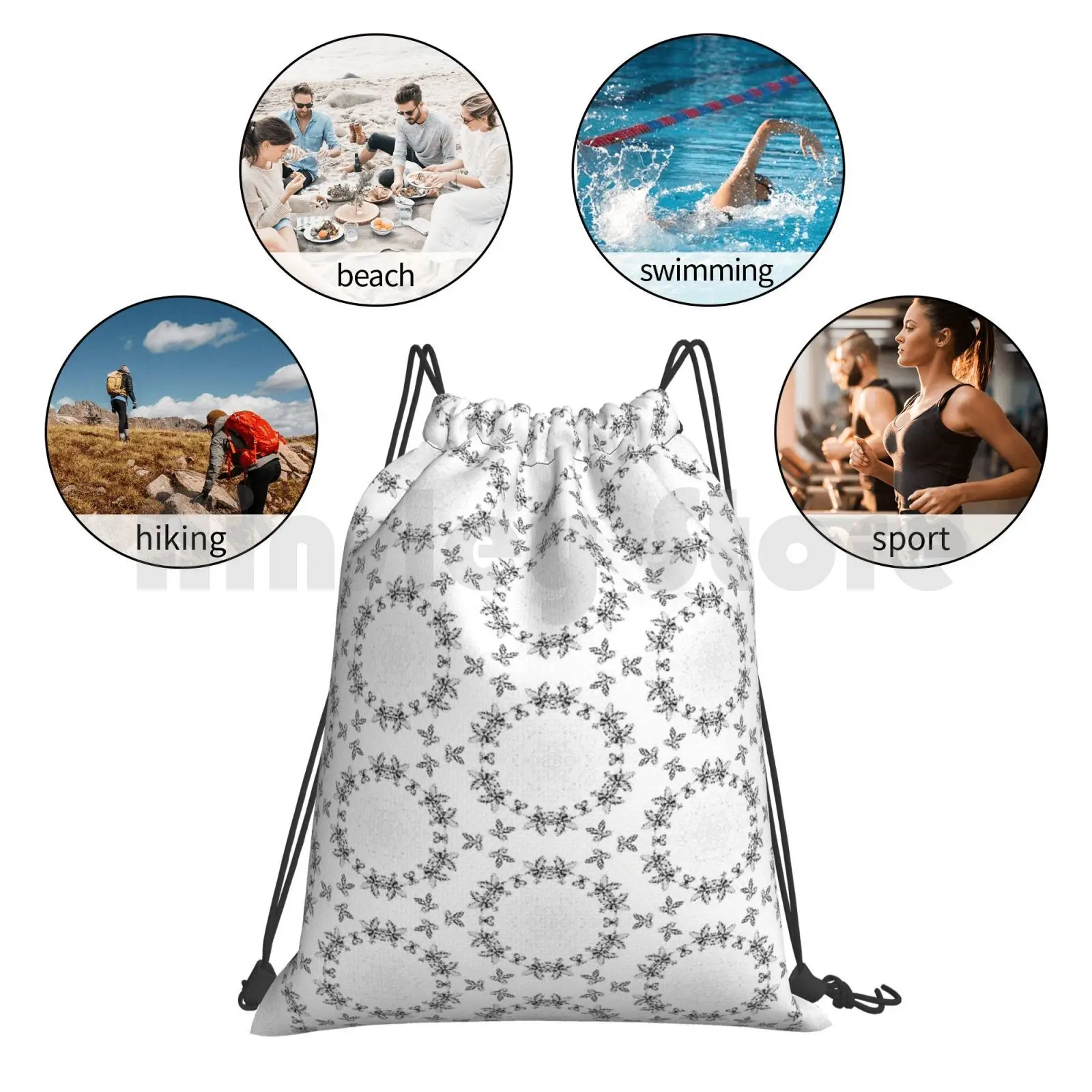 

White Flower Design Backpack Drawstring Bags Gym Bag Waterproof Interiors Designers Sketch Pattern Bespoke Black White