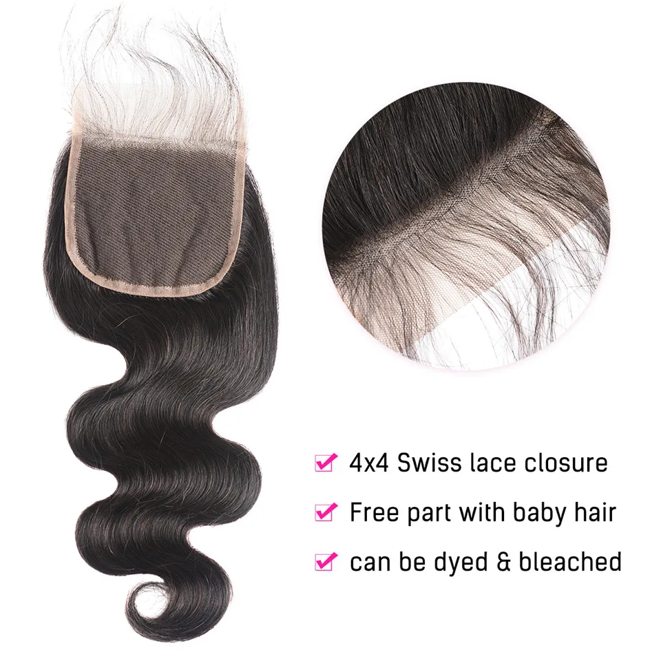 Три волнистые части бразильские объемные Волнистые Кружева Закрытие с волосами