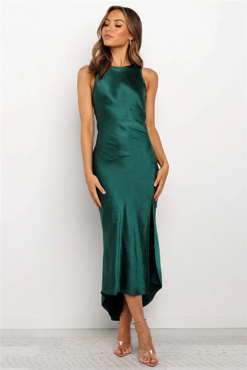 

2021 Sexy Women Sleeveless Satin Silk Strappy Dress OL Split Slim Evening Party Dress Backless Hollow Out Lace up Dress