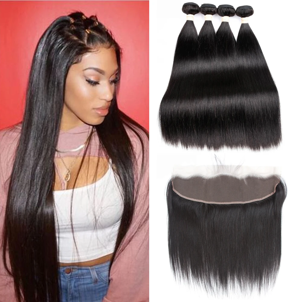 Сапфировые прямые пряди с фронтальной Remy человеческие закрытием бразильские