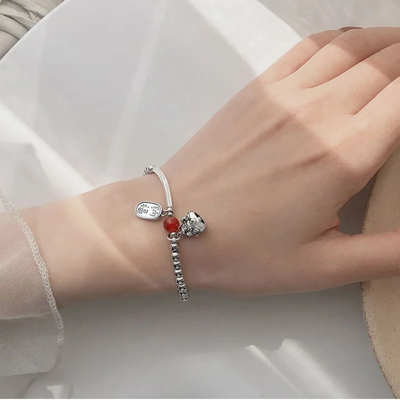 

MEWANRY 925 Sterling Silver Splicing Chain Bracelets 2021 Trendy Elegant Creative Cute Cat Red Bead Party Jewelry Birthday Gift