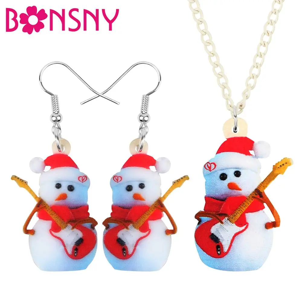 

Bonsny Acrylic Christmas Hat Snowman Guitar Jewelry Sets Necklace Earrings Festival Decorations Jewelry For Women Girl Teen Gift