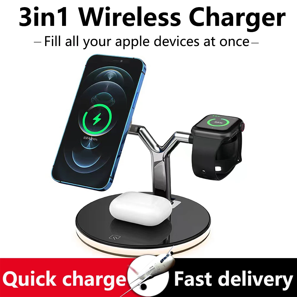 

3 in 1 Magnetic Wireless Charger 15W Fast Charging Station for Magsafe iPhone 12 pro Max Chargers for Apple Watch Airpods pro