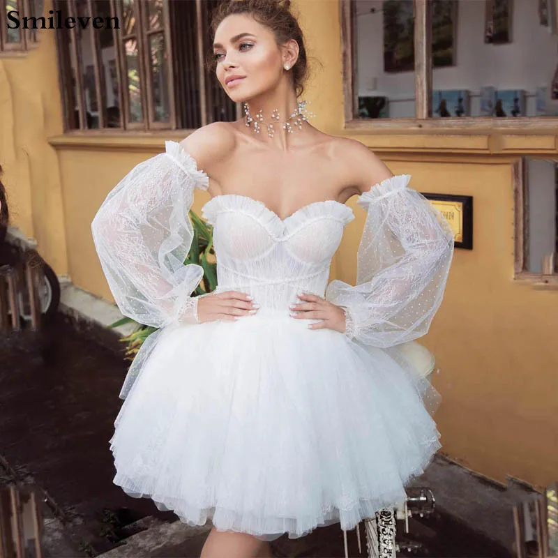 

Smileven Puff Sleeve Detachable Short Wedding Dress 2019 Sweetheart A Line mini Boho Bride Dresses Strapless Beach Wedding Gowns