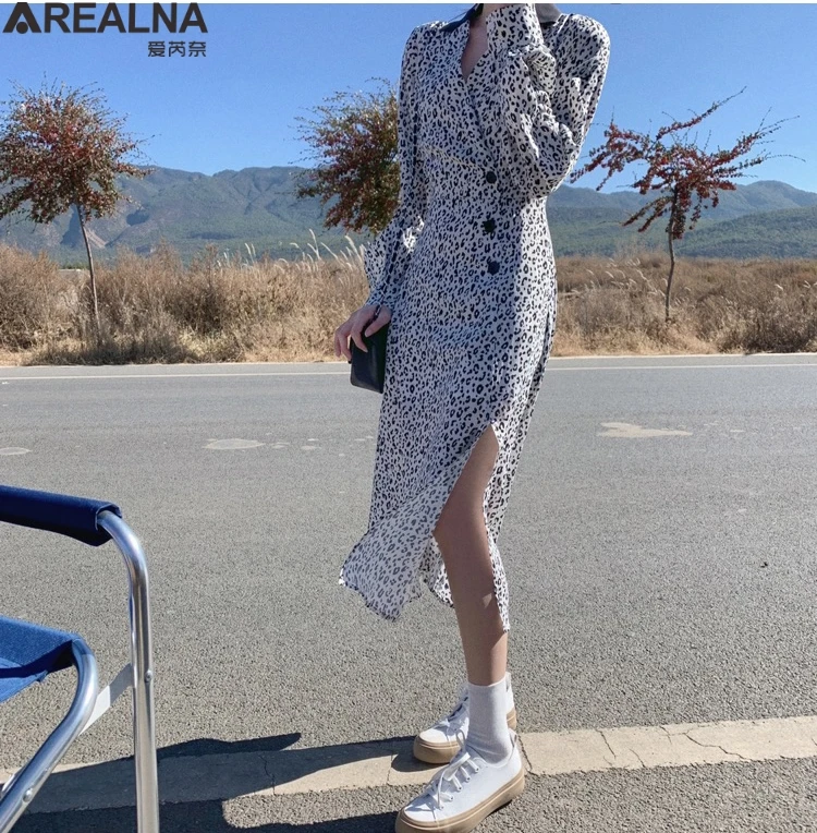 

Spring Long Sleeve Midi Dress Women V-Neck Leopard Print sexy Split fashion slim Womens Dresses New 2021 Spring Elegant Vestidos