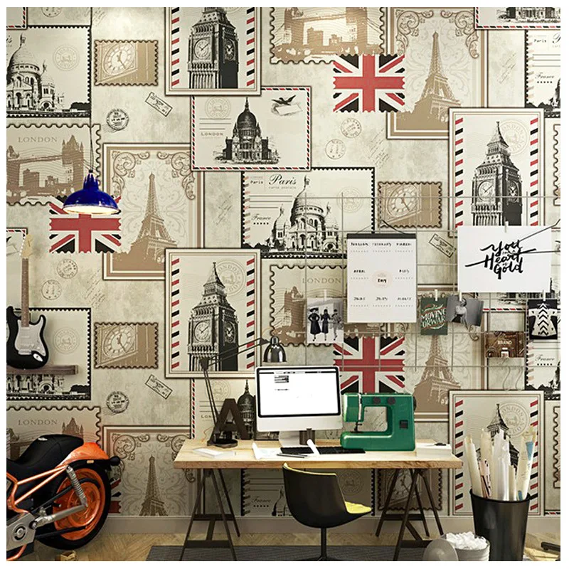 

British European-Style Ancient Architecture Restaurant Hotel Personalized Wallpaper Retro Nostalgic Stamps Flag Union Flag