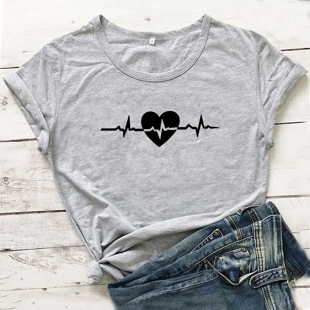 

Heartbeat Love Graphic T Shirts Women Short Sleeve Cotton Tshirt Women Tops White Camiseta Mujer Casual Tee Shirt Femme T-shirt