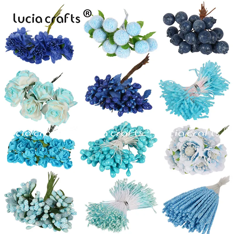 

6/10/12/50/70/90pcs Mix Blue Flower Cherry Stamen Berries Bundle DIY Christmas Wedding Cake Gift Box Wreaths Decor C0302