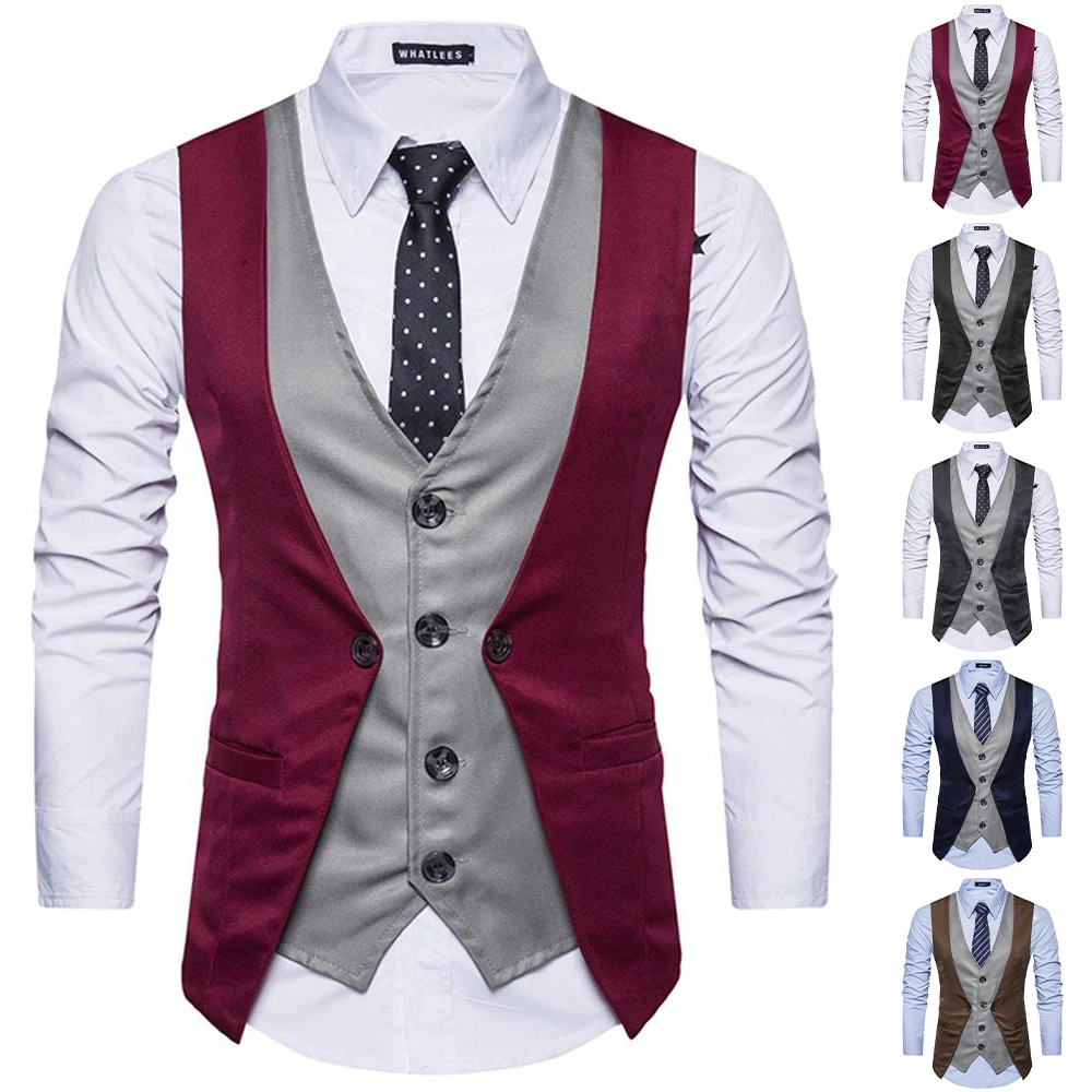 

Fake Two Piece Vests Formal Autumn Mens Formal Buttons Up Jacket Blazer Waistcoat Patchwork Vest Long Sleeves Tops