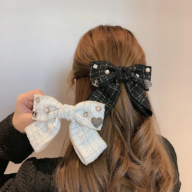 Women Pearl Bow Hairpin Fabric Back Spring Clip Fashion Hair Accessories Top Horsetail Clips
