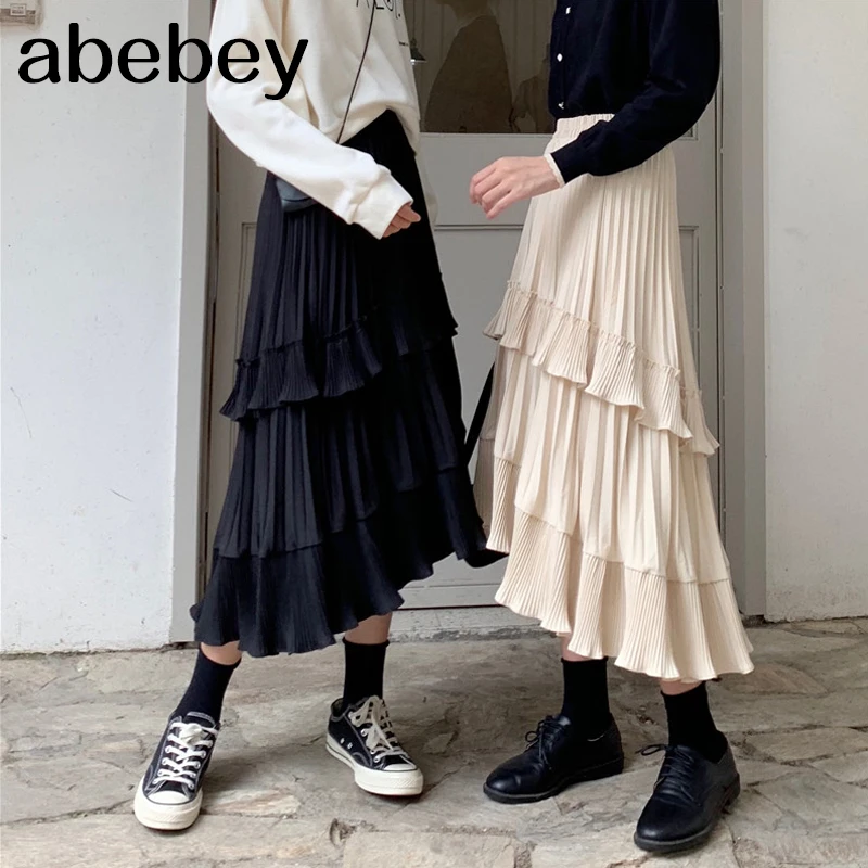 

Black Beige Fashion Korean Ruffle Midi Long A-line Skirt Women Casual Spring Summer High Waist Irregular All-match Skirts Female