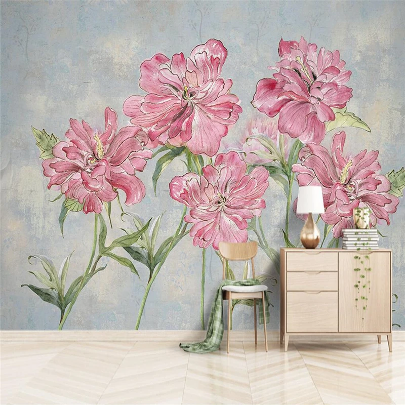 

beibehang Small fresh nordic watercolor pink flower 3d flower wallpapers for living room background Mural Wallpaper Background