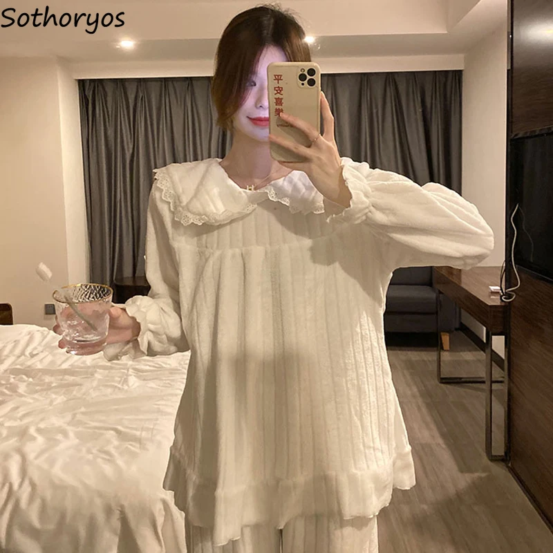 

Женские пижамные комплекты, однотонная фланелевая Коралловая флисовая зимняя теплая мягкая Повседневная Удобная Милая кавайная модная но...