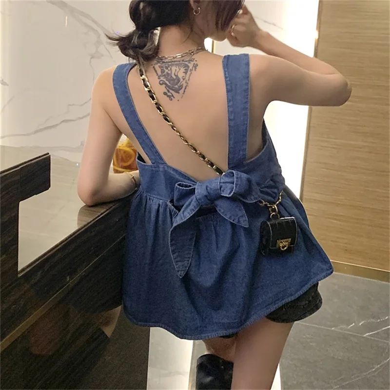 

Korean Summer New Denim Sling Tops Vintage Square Collar Sweety Bandage Bow Sleeveless Backless Cute Folds Loose Camis Tops