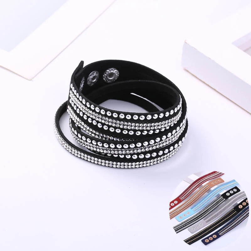 Новые 40 см Кожаные плетеные браслеты для женщин и мужчин Многослойные Стразы с