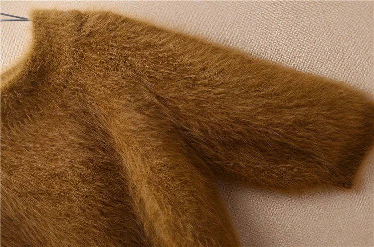 Корейский женский короткий коричневый свитер из шерсти Ангорского Кролика
