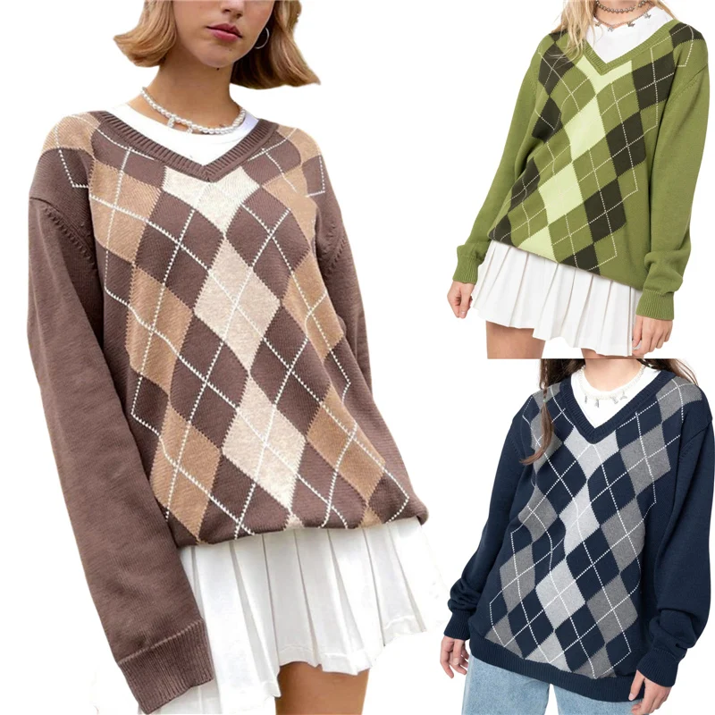 Y2K Women Color Block Sweater Adults Casual Argyle Print Long Sleeve V-neck Knitwear Dark Blue/Brown/Green For Fall And Winter