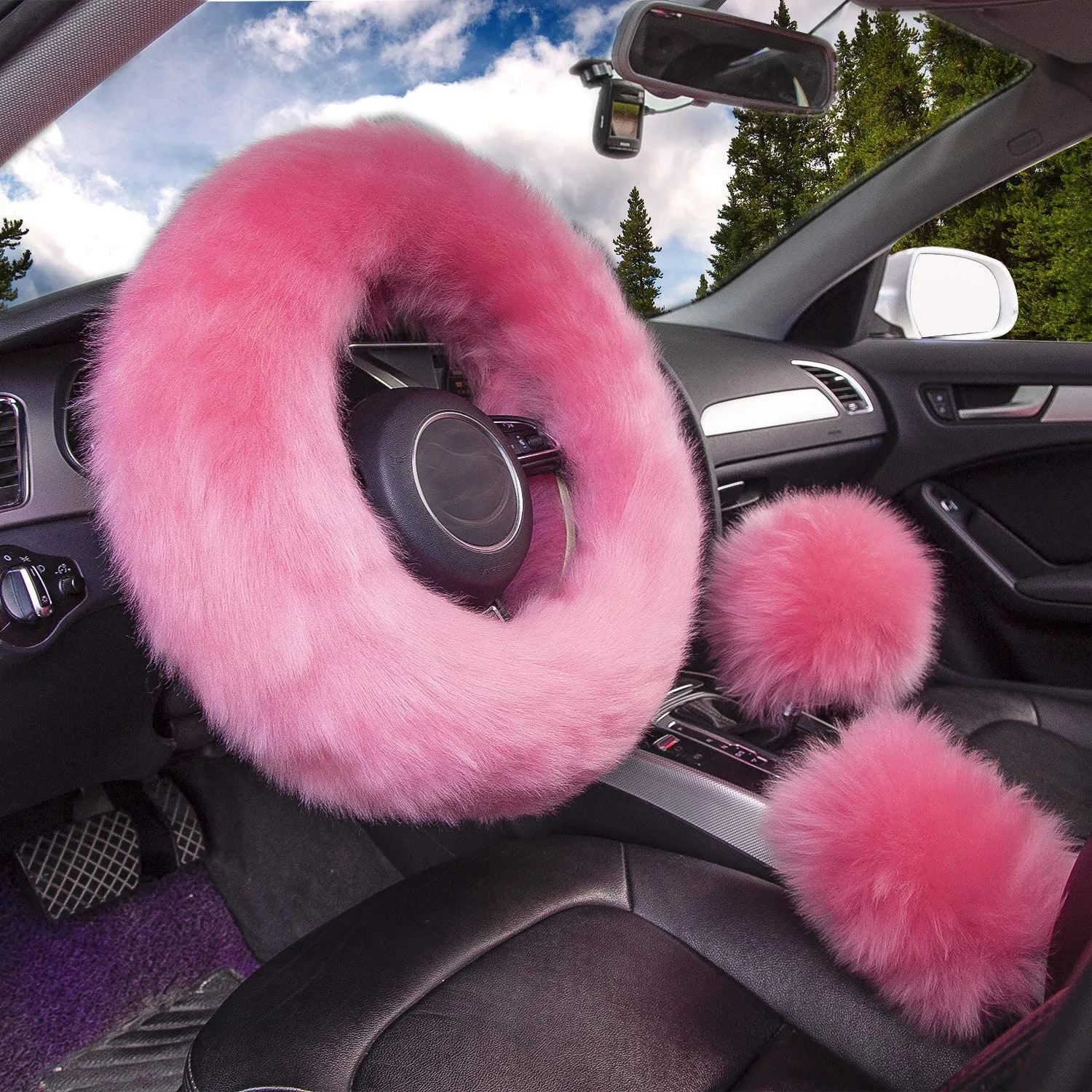 Solid Soft Warm Long Wool Fuzzy Steering Wheel Cover Handbrake Cover Gear Cover Car Accessory Sheep Fur Plush Protector Cover