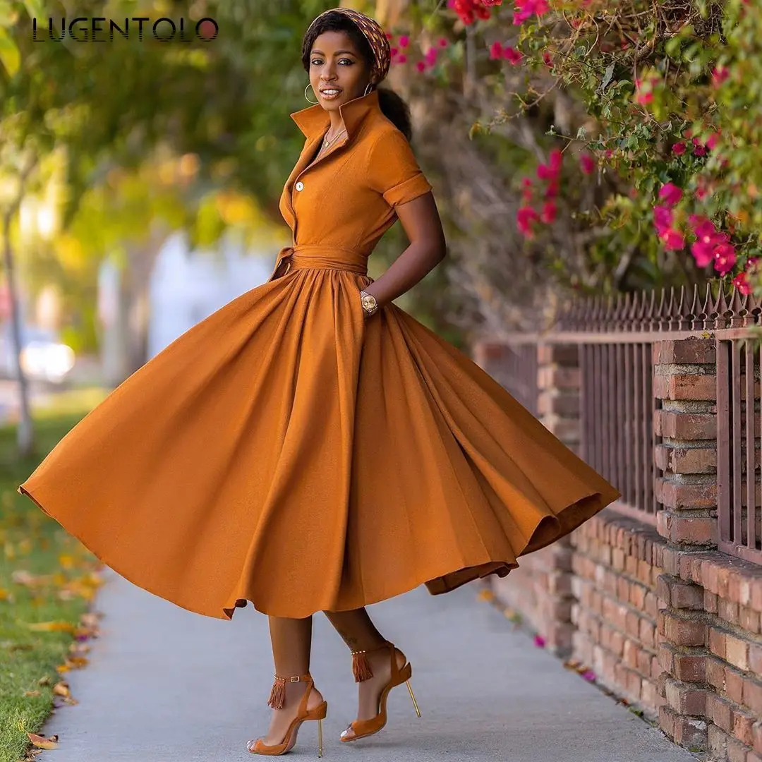 

Lugentolo Sexy Dress Women Slim Summer Short Sleeve Party Dresses Lace Up Solid Female Causal Big Swing Fashion Long Dress