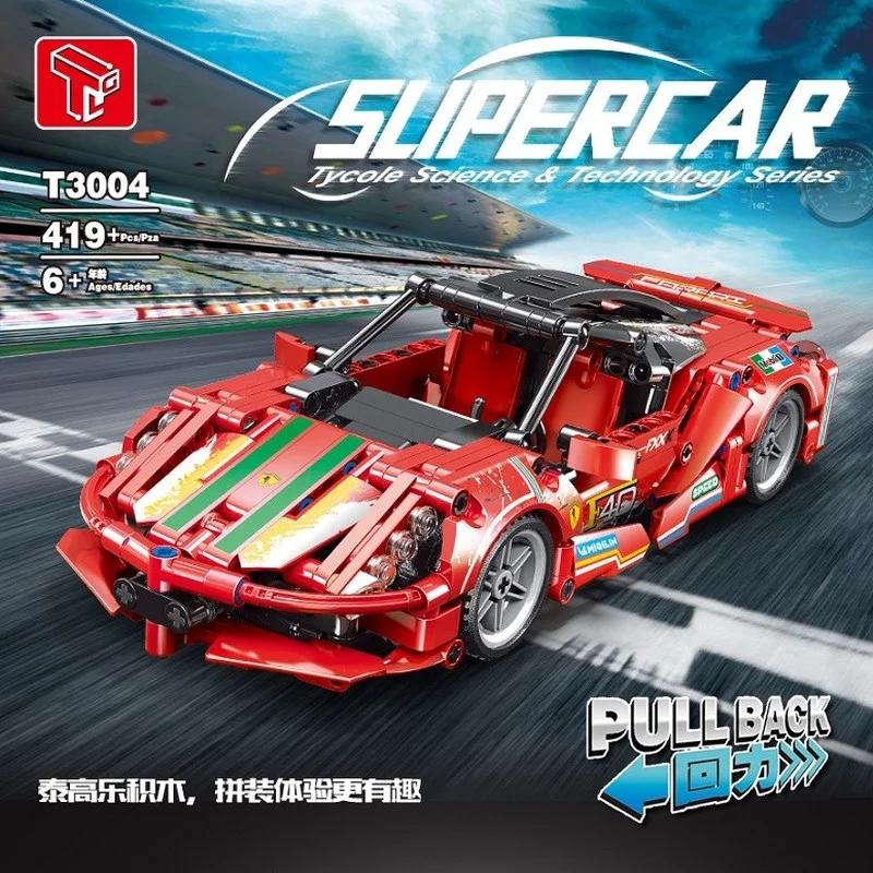

Красная Спортивная модель автомобиля Puxida T3004, технические детали, 419 шт., мелкие сборные детали для сборки, модель автомобиля, украшение