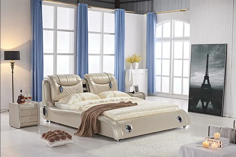 

Real Genuine leather bed TV Soft Beds Bedroom camas lit muebles de dormitorio yatak mobilya quarto massage speaker bluetooth