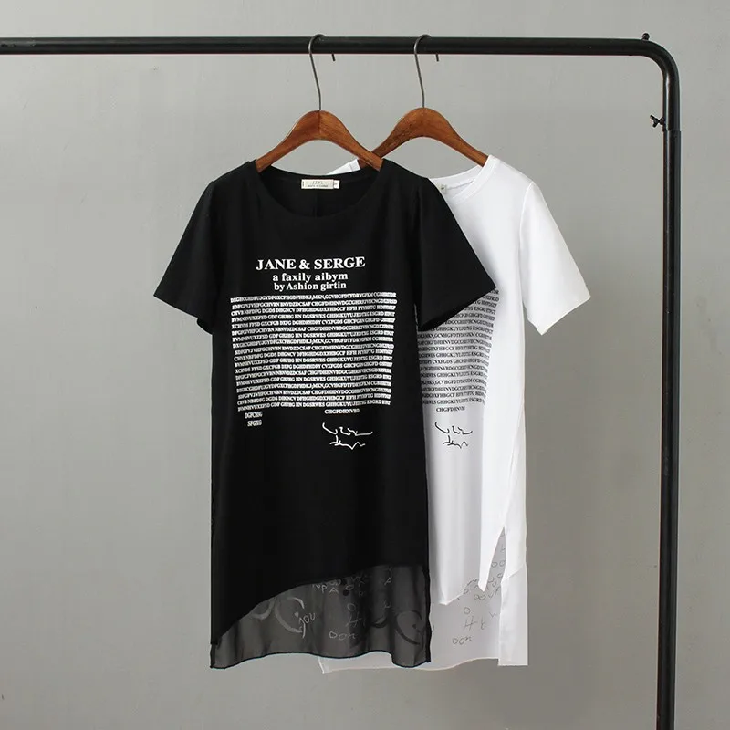 

Long T-shirt Black White Letters Sexy Short-sleeved Thin Women's Cotton Shirt Summer Women's Casual Korean Women's Clothing