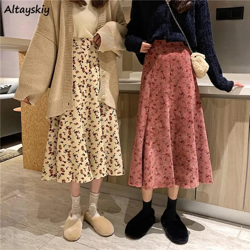 

Floral Skirts Women A-line Loose Vintage Elegant Female Corduroy Students All-match High Waist Autumn Fashion Korean Style Retro