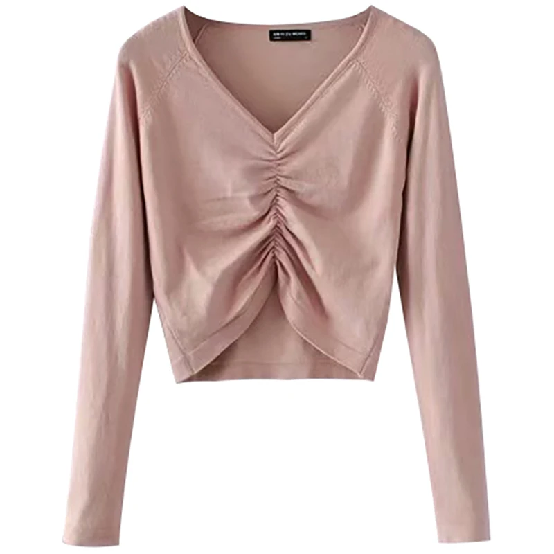 2019 new fashion casual women's clothing High Waist Short Slim V-Neck Sweater Solid Color Sexy Long Sleeve | Женская одежда