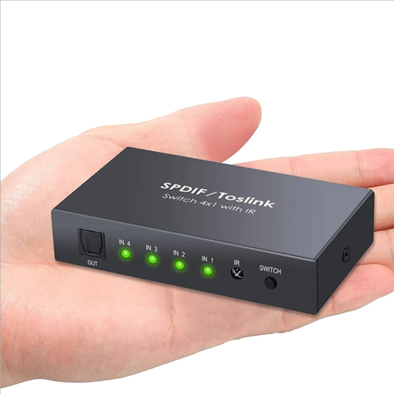 

Digital Optical 4X1 Switch with IR Remote Control Aluminum Alloy Digital Audio Optical Fiber Switcher 4 in 1 Out US Plug